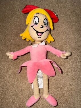 Dr. Seuss Pink Flower Dress Girl Plush with Yellow Hair and Red Bow